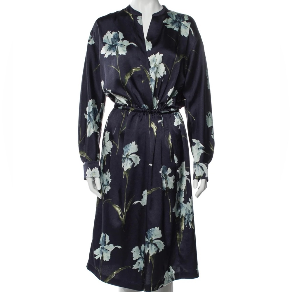 Vince iris print satin dress in coastal blue navy sz large 10 12
